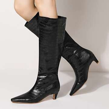 MOOMMO Women Low Kitten Heel Knee High Boots Pointy Square Toe Slouch Long Boots Pull On Wide Calf Comfy 2” Mid Heel Tall Boots Stone Pattern Pleated Dress Boots Casual Retro Winter Black 9 M US