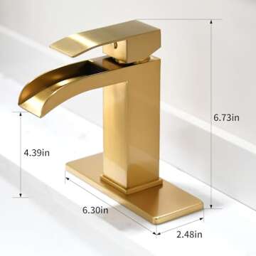 BRAVEBAR Waterfall Bathroom Faucet Gold - Single Handle Sink Faucets Bathroom 1 Hole Or 3 Hole for 4In | Modern Solid Vanity Faucet with Deck Plate & Overflow Pop Up Drain Brushed Gold