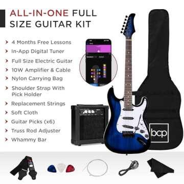 Best Choice Products 39in Full Size Beginner Electric Guitar Starter Kit w/Case, Strap, 10W Amp, Strings, Pick, Tremolo Bar - Hollywood Blue