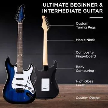 Best Choice Products 39in Full Size Beginner Electric Guitar Starter Kit w/Case, Strap, 10W Amp, Strings, Pick, Tremolo Bar - Hollywood Blue