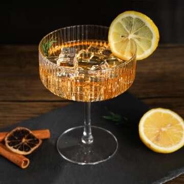 LEYU Ribbed Coupe Glasses Set of 2, 11.8 oz Fluted Cocktail Glasses for Martini Champagne and Wine. Vintage Drinking Glass-Clear Ribbed Glassware