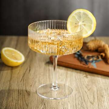 LEYU Ribbed Coupe Glasses Set of 2, 11.8 oz Fluted Cocktail Glasses for Martini Champagne and Wine. Vintage Drinking Glass-Clear Ribbed Glassware