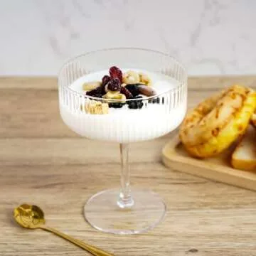 LEYU Ribbed Coupe Glasses Set of 2, 11.8 oz Fluted Cocktail Glasses for Martini Champagne and Wine. Vintage Drinking Glass-Clear Ribbed Glassware