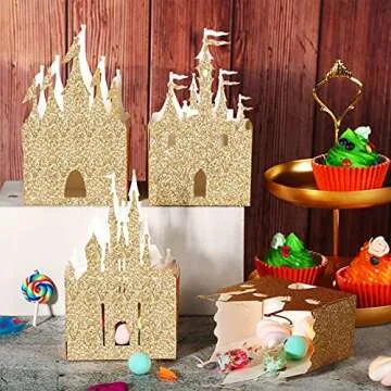 Geiserailie 20 Pieces Castle Box Princess Candy Box Glitter Princess Box Castle Favor Treat Boxes Princess Party Decorations Baby Shower Wedding Supplies (Gold)