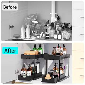 2 Pack Under Sink Organizers and Storage, 2-Tier Sliding Cabinet Basket Organizer with Hooks, Multi-...
