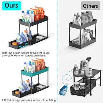 2 Pack Under Sink Organizers and Storage, 2-Tier Sliding Cabinet Basket Organizer with Hooks, Multi-Purpose Under Sink Organizers and Storage for Bathroom Kitchen