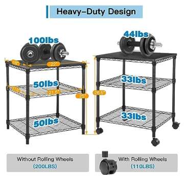 HUANUO Printer Stand, 3 Tier Printer Cart for Storage, Printer Table Holds up to 200lbs, Multifunctional Metal Utility Shelves, Workspace Desk Organizer, Rolling Cart for Home & Office Use, HNPS01