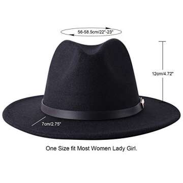 Lanzom Women Lady Retro Wide Brim Floppy Panama Hat Belt Buckle Wool Fedora Hat Fit Size 6 8/7-7 1/4 (01-Black, One Size)
