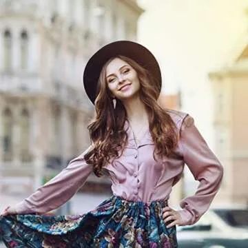 Lanzom Women Lady Retro Wide Brim Floppy Panama Hat Belt Buckle Wool Fedora Hat Fit Size 6 8/7-7 1/4 (01-Black, One Size)