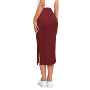 Zeagoo Women's Petite Skirts Knitted Midi Skirts Red Solid Midi Skirt Womens High Waisted Skirts for Women Pencil Skirts with Split Wine Red X-Small