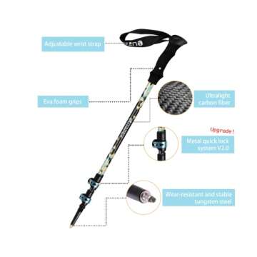 OUTAPEX Carbon Fiber Trekking Poles - Quick Adjust Metal Locks, 2-pc Pack Lightweight, Adjustable Hiking Poles with EVA Grips, Padded Strap,10 Rubber Tips for Hiking(Energy Cyan)