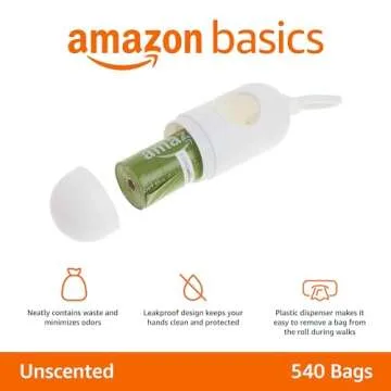 Amazon Basics Leak Proof Dog Waste Pick Up Bags with Dispenser and Leash Clip, Unscented, 13 x 9 Inches - 540 Count (15 Bags per Roll, 36 Rolls)