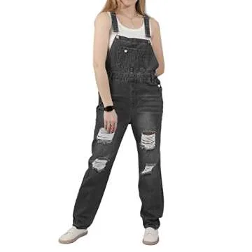 utcoco Women's Fashion Jean Bib Overalls Adjustable Straps Ripped Distressed Denim Denim Pants (Larg...