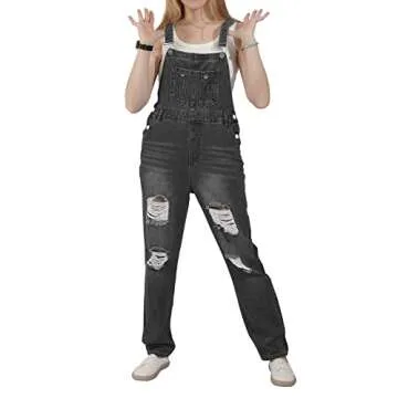 utcoco Women's Fashion Jean Bib Overalls Adjustable Straps Ripped Distressed Denim Denim Pants (Large, Gray)