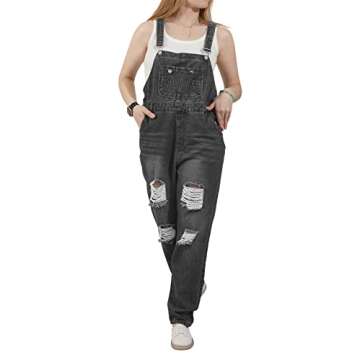 utcoco Women's Fashion Jean Bib Overalls Adjustable Straps Ripped Distressed Denim Denim Pants (Large, Gray)