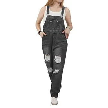 utcoco Women's Fashion Jean Bib Overalls Adjustable Straps Ripped Distressed Denim Denim Pants (Large, Gray)
