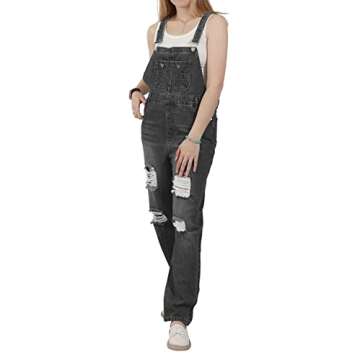 utcoco Women's Fashion Jean Bib Overalls Adjustable Straps Ripped Distressed Denim Denim Pants (Large, Gray)