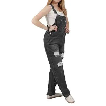 utcoco Women's Fashion Jean Bib Overalls Adjustable Straps Ripped Distressed Denim Denim Pants (Large, Gray)