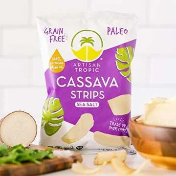 ARTISAN TROPIC Cassava Strips Sea Salt - 8 Pack, 2oz - Vegan, Paleo, Gluten Free Chips – Non-GMO Healthy Snack Potato Chip Alternative for Lunches, Dipping, Parties - Baked Cassava Flour Chips