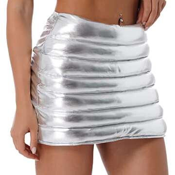 CHICTRY Women's Lightweight Puffer Skirt Metallic Shiny Sport Skorts Warm Quilted Mini A-line Skirt Silver Large