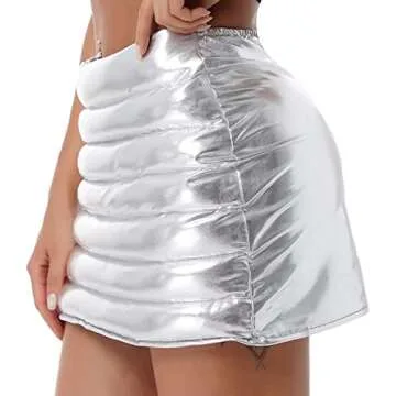 CHICTRY Women's Lightweight Puffer Skirt Metallic Shiny Sport Skorts Warm Quilted Mini A-line Skirt Silver Large