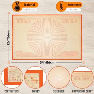Non-slip Silicone Pastry Mat 34x26 Inch Baking Mat Perfect for Dough Mat, Counter Mat, Nonstick Pastry Board, Dough Rolling Mat, Kneading Mat, Pie Crust Mat, Fondant Mat, Pasta/Pizza Mat