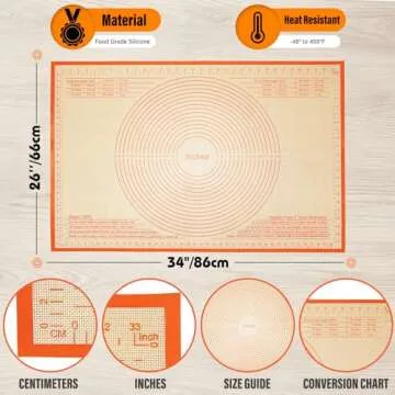 Non-slip Silicone Pastry Mat 34x26 Inch Baking Mat Perfect for Dough Mat, Counter Mat, Nonstick Pastry Board, Dough Rolling Mat, Kneading Mat, Pie Crust Mat, Fondant Mat, Pasta/Pizza Mat