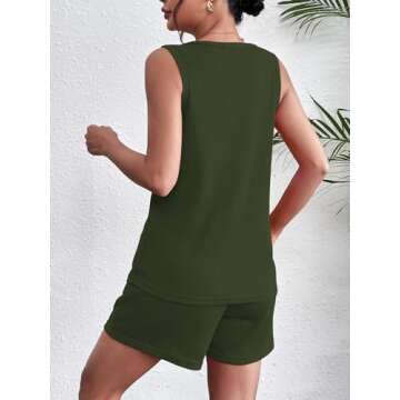 Ekouaer Pajamas Tank Top and Shorts Lounge Sets Waffle Knit V Neck Pj Short Sets Casual Outfits for Women Army Green Medium