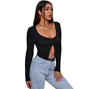 Verdusa Women's Scoop Neck Button Front Split Long Sleeve Slim Fit Crop Top Shirt Black L
