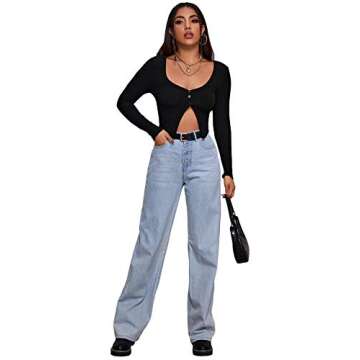 Verdusa Women's Scoop Neck Button Front Split Long Sleeve Slim Fit Crop Top Shirt Black L