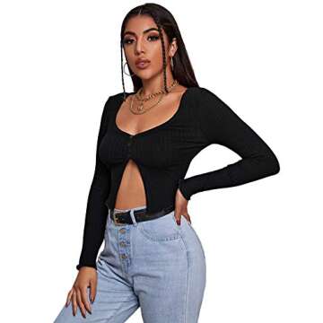 Verdusa Women's Scoop Neck Button Front Split Long Sleeve Slim Fit Crop Top Shirt Black L