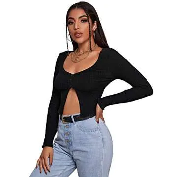 Verdusa Women's Scoop Neck Button Front Split Long Sleeve Slim Fit Crop Top Shirt Black L