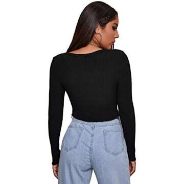 Verdusa Women's Scoop Neck Button Front Split Long Sleeve Slim Fit Crop Top Shirt Black L