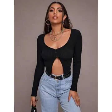 Verdusa Women's Scoop Neck Button Front Split Long Sleeve Slim Fit Crop Top Shirt Black L