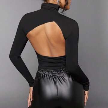 FWSAM Women Sexy Turtleneck Backless Slim Fit T Shirt Casual Long Sleeve Basic Solid Cut Out Back Te...