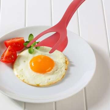 Alipis 2 in 1 Grip and Flip Spatula Tongs Egg Flipper Tong Pancake Fish French Toast Omelet Making for Home Kitchen Cooking Tool Red