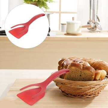 Alipis 2 in 1 Grip and Flip Spatula Tongs Egg Flipper Tong Pancake Fish French Toast Omelet Making for Home Kitchen Cooking Tool Red