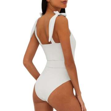Saodimallsu Womens Sexy One Piece Bathing Suit High Cut Knit Square Neck Tied Strappy Swimsuit with Belt White, Small