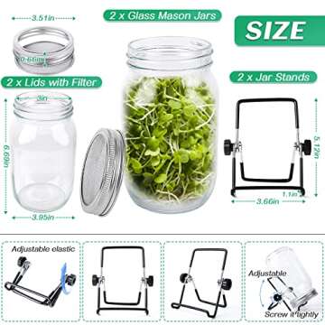 Seed Sprouting Jar Kit with 2 Wide Mouth Mason Jars Bean Sprouts Growing Kit Microgreens Growing Jar with Mesh Screen Lids Sprouter Sprouts Maker for Growing Broccoli, Alfalfa, Mung Bean