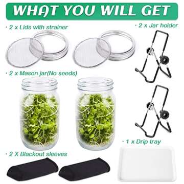 Seed Sprouting Jar Kit with 2 Wide Mouth Mason Jars Bean Sprouts Growing Kit Microgreens Growing Jar with Mesh Screen Lids Sprouter Sprouts Maker for Growing Broccoli, Alfalfa, Mung Bean