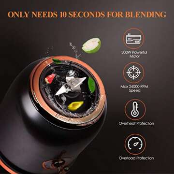Smoothie Blender with 6 Sharp Blades, Personal Mini Blender for Shakes and Smoothies with 3 Adjustable Speeds, Blender for Kitchen with Grinding, BPA-free 3 Travel Cup & 27oz Mason Cup