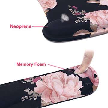 MOSISO Wrist Rest Support for Mouse Pad & Keyboard Set, Peony Ergonomic Mousepad Non-Slip Base Home/Office Pain Relief & Easy Typing Cushion with Neoprene Cloth & Raised Memory Foam, Black