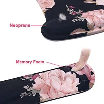MOSISO Wrist Rest Support for Mouse Pad & Keyboard Set, Peony Ergonomic Mousepad Non-Slip Base Home/Office Pain Relief & Easy Typing Cushion with Neoprene Cloth & Raised Memory Foam, Black
