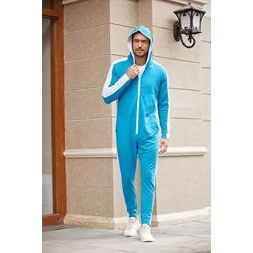 COOFANDY Men's One Piece Tracksuit Hooded Jogging Jumpsuit Long Playsuit with Pockets Blue XL