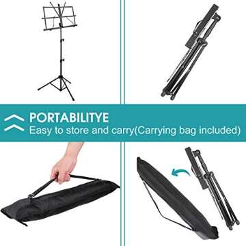 Avenda Music Stand, Portable Folding Music Note Sheet Clip Holder with Carrying Bag