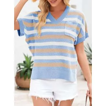 Dokotoo Womens Tops Fashion Ladies Summer V Neck Short Sleeve Tunic Tops and Blouses Striped Contrast Block Knit Pullover Sweaters Casual T-Shirts Work Business Loose Shirts Sky Blue Small