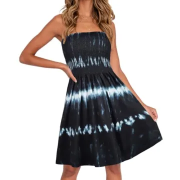 rosemia Summer Dress for Women Beach Casual Strapless Cover Ups Tie Dye Off Shoulder Sundresses(Tied...