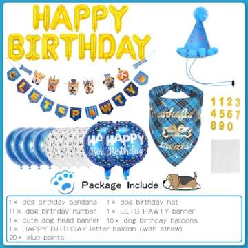 Zaabaazina Dog Birthday Decorations Boy, Dog Birthday Party Supplies, Dog Birthday Bandana Blue Dog Birthday Hat with Numbers, Dog Birthday Banner Lets PAWTY and Happy Birthday Balloons