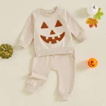Afunbaby Baby Boy Fall Clothes Toddler Boys Pumpkin Sweasthirt Long Sleeve Shirt Pocket Pants Halloween Outfit Set (Beige pumpkin, 0-6 Months)