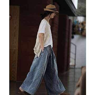 EXPOING Extra Wide Leg Denim Pants for Women Long Jeans Elastic Waist with Pockets Plus Size Loose C...